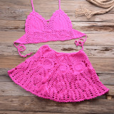 Hook Bikini Wrap Chest with Sexy Versatile Hollow out Pleated Skirt Split Swimsuit