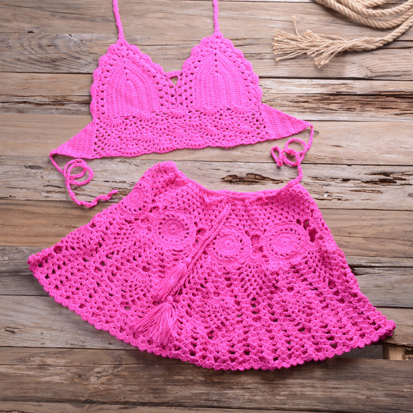 Hook Bikini Wrap Chest with Sexy Versatile Hollow out Pleated Skirt Split Swimsuit