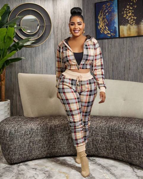 Plaid zipper fashionable casual sports two-piece set