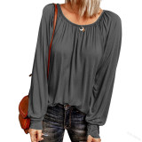 Solid round neck casual pleated long sleeve top
