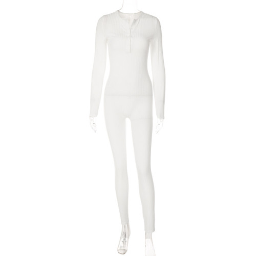 Women's solid round neck breasted slim hip lifting exercise yoga jumpsuit