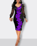 Mesh long sleeve waistband print casual mid length skirt