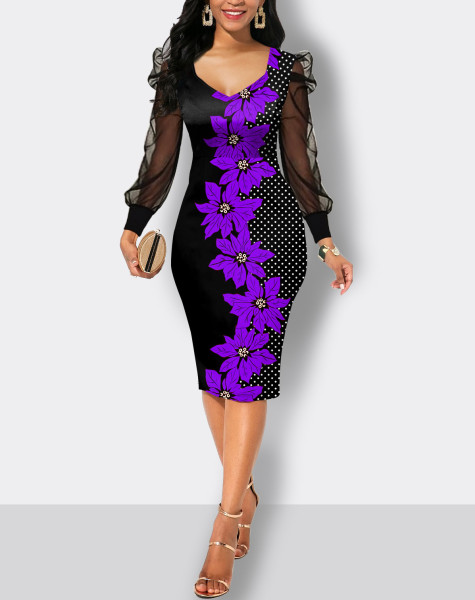 Mesh long sleeve waistband print casual mid length skirt