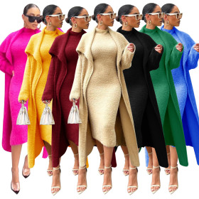 Autumn and winter temperament dress coat two-piece loose belt long cardigan suit