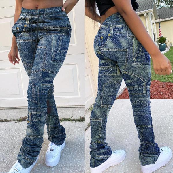 Casual sports denim print oversize pants