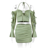 Women's two-piece long sleeved short skirt sexy low cut lace up flared sleeve hip wrap skirt