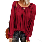 Solid round neck casual pleated long sleeve top
