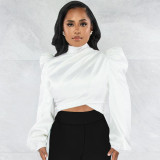 Autumn and Winter High Collar Bubble Sleeve Top Lantern Sleeve Open Umbilical Zipper Shirt