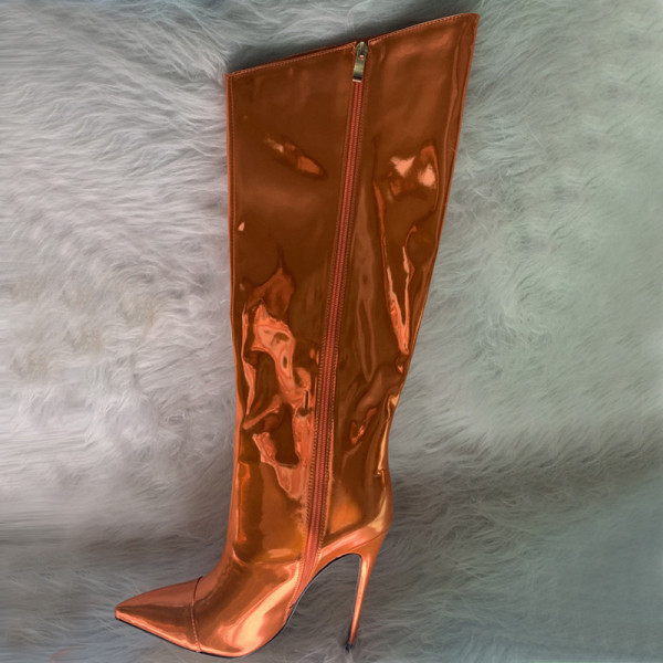 Sexy pointy toe thin heel patent leather nightclub catwalk stage high boots no more than knee high side zipper performance boots