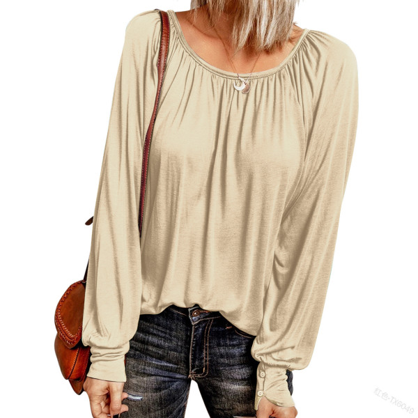 Solid round neck casual pleated long sleeve top