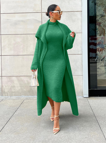 Autumn and winter temperament dress coat two-piece loose belt long cardigan suit