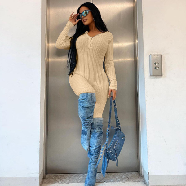 Women's solid round neck breasted slim hip lifting exercise yoga jumpsuit
