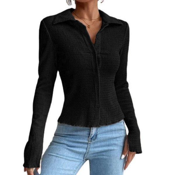 Solid color splicing sleeve split cardigan button top lapel T-shirt