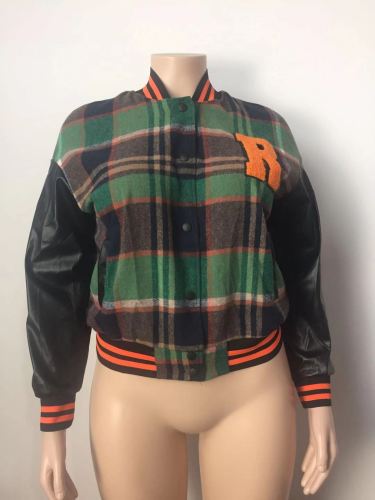 Casual Fashion Contrast Thread PU Splice Bomber Coat