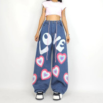 Printed Loose Slim Jeans Spice Girl Low Waist Lace up Casual Straight Pants Printed Loose Slim Jeans Spice Girl Low Waist Lace up Casual Straight Pants