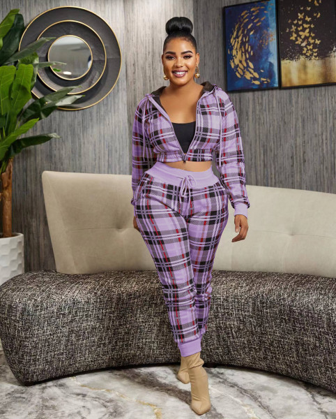 Plaid zipper fashionable casual sports two-piece set