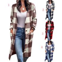 Women's loose plaid button pocket printed coat cardigan