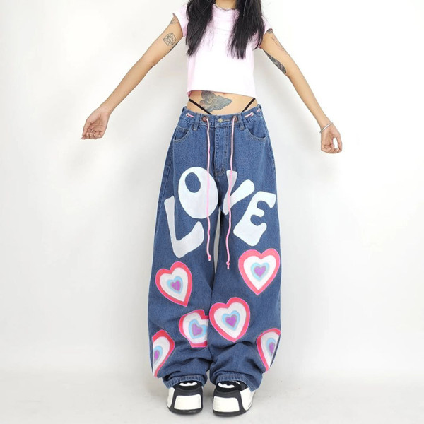 Printed Loose Slim Jeans Spice Girl Low Waist Lace up Casual Straight Pants