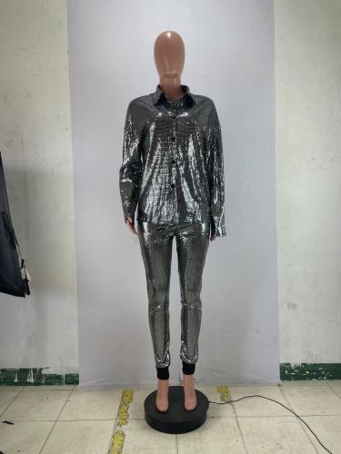 Fashion bright gold stamping shirt casual two-piece set