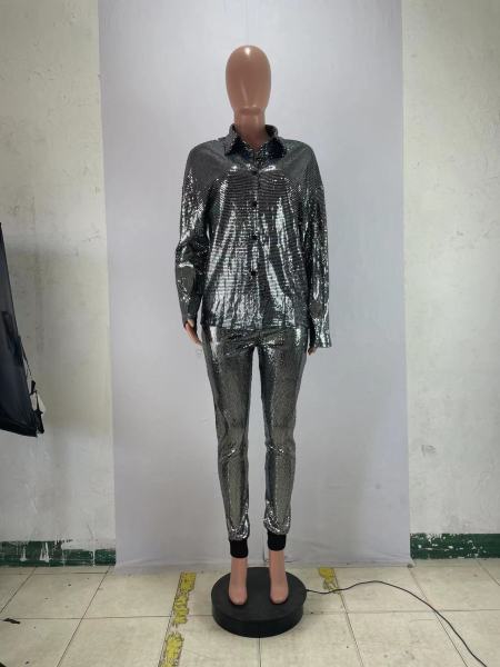 Fashion bright gold stamping shirt casual two-piece set