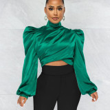 Autumn and Winter High Collar Bubble Sleeve Top Lantern Sleeve Open Umbilical Zipper Shirt