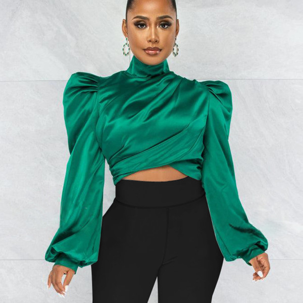Autumn and Winter High Collar Bubble Sleeve Top Lantern Sleeve Open Umbilical Zipper Shirt