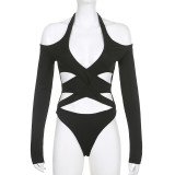Personality hollow solid color slim sexy long neck sleeve one-piece shirt