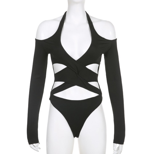Personality hollow solid color slim sexy long neck sleeve one-piece shirt