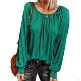 Solid round neck casual pleated long sleeve top