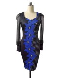 Mesh long sleeve waistband print casual mid length skirt