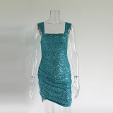 Sequins Square Neck Fashion Sexy Side Split Hip Wrap Dress Women's Dress
