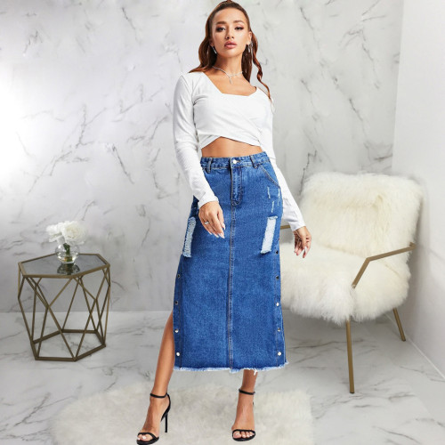 Fashion trend rivet wrap buttocks stretch denim long skirt