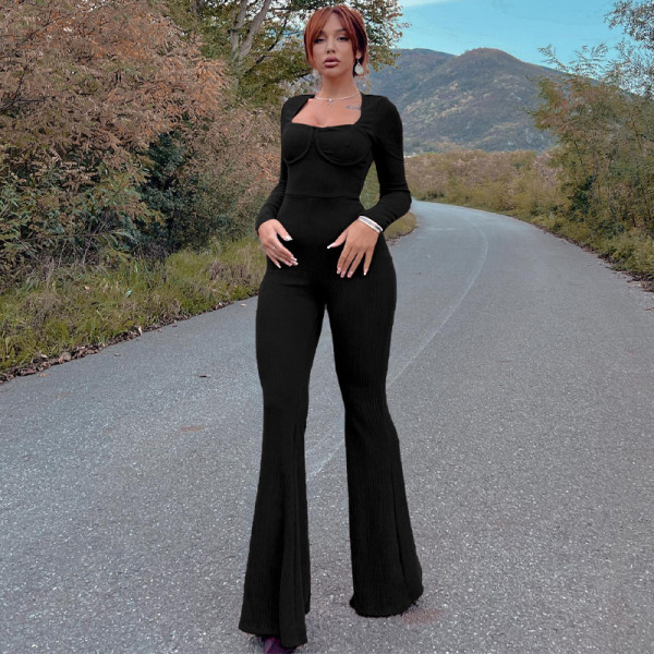 Pit strip square neck threaded long sleeve pleated flare jumpsuit