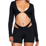 Sexy hollow exposed navel long sleeve slim hip lifting jumpsuit