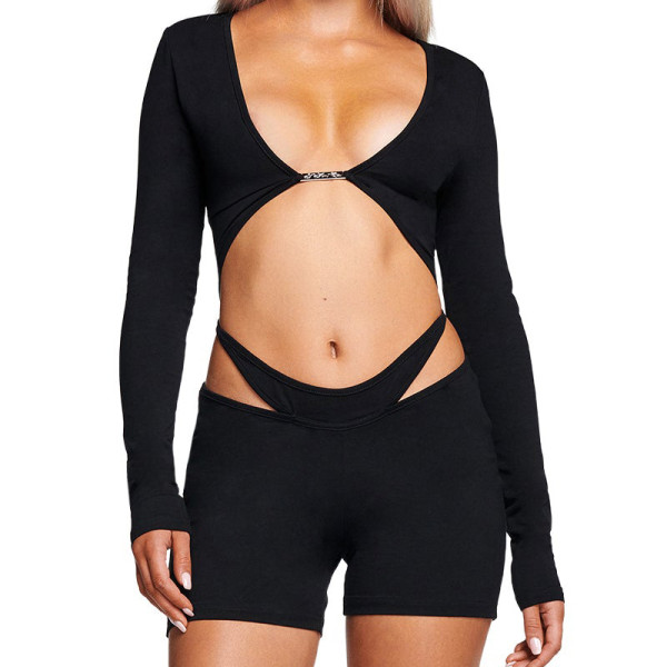 Sexy hollow exposed navel long sleeve slim hip lifting jumpsuit