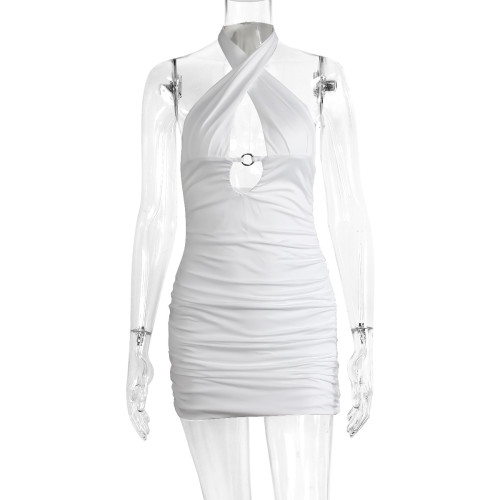 Sexy cross neck lace up sleeveless V-neck slim pleated hip wrap skirt
