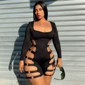 Long sleeve U-neck sexy hollow out nightclub tight elastic rubber band jumpsuit