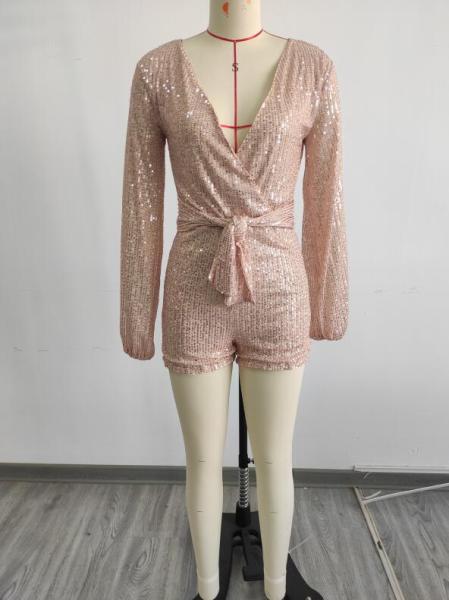 Women's sequin mesh long sleeved V-neck party jumpsuit with belt
