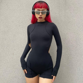Women's solid color long sleeve hollow slim hip lifting exercise yoga jumpsuit