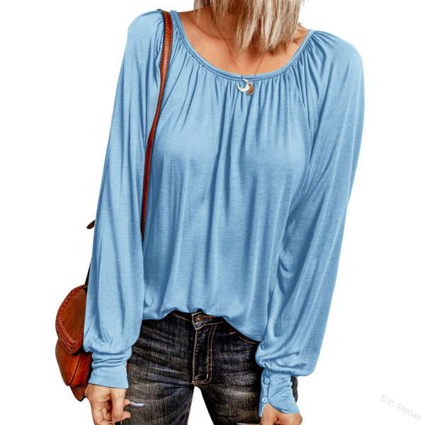 Solid round neck casual pleated long sleeve top