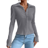 Solid color splicing sleeve split cardigan button top lapel T-shirt