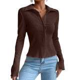 Solid color splicing sleeve split cardigan button top lapel T-shirt