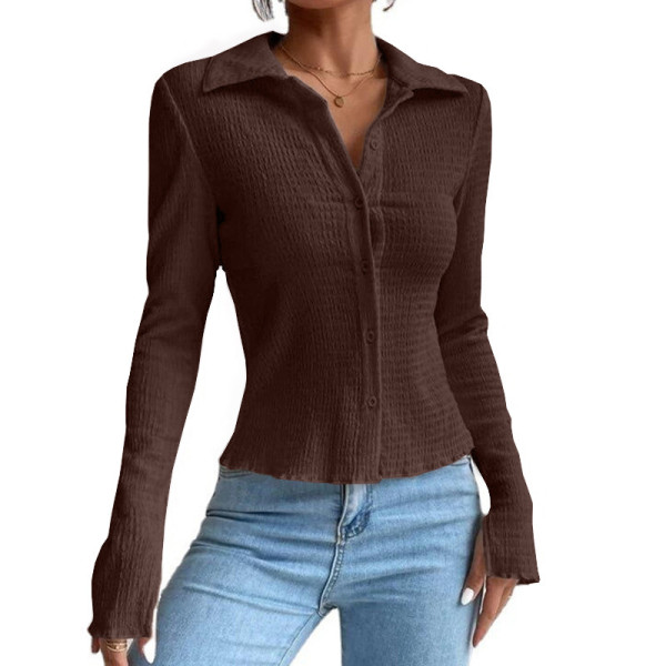 Solid color splicing sleeve split cardigan button top lapel T-shirt