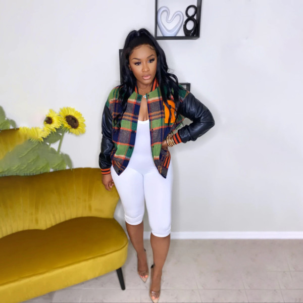 Casual Fashion Contrast Thread PU Splice Bomber Coat