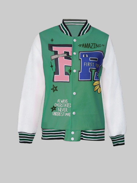 Oversized Women's Casual Letter Printed Threaded Splice Jacket Jacket