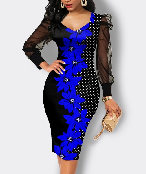 Mesh long sleeve waistband print casual mid length skirt