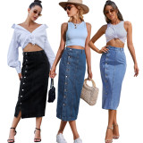 Fashion trend rivet wrap buttocks stretch denim long skirt
