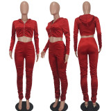 Fashion open waist dense velvet casual hood pleated two-piece set