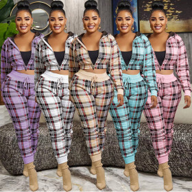 Plaid zipper fashionable casual sports two-piece set