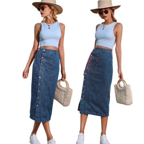 Fashion trend rivet wrap buttocks stretch denim long skirt